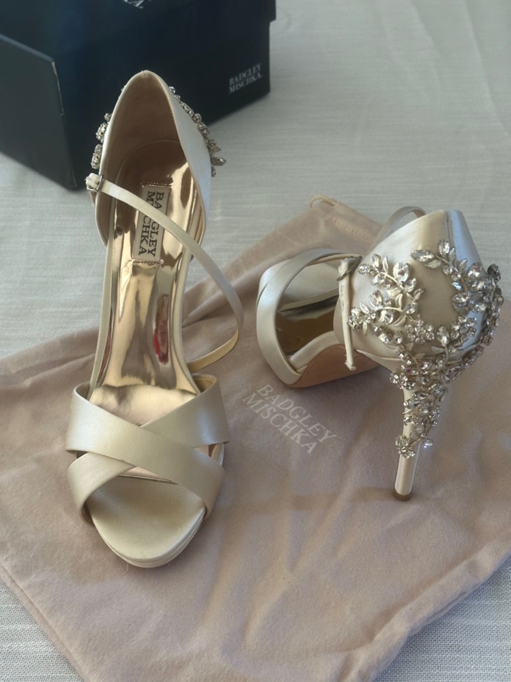 Badgley Mischka Ivory Satin Crystal-Embellished High Heels